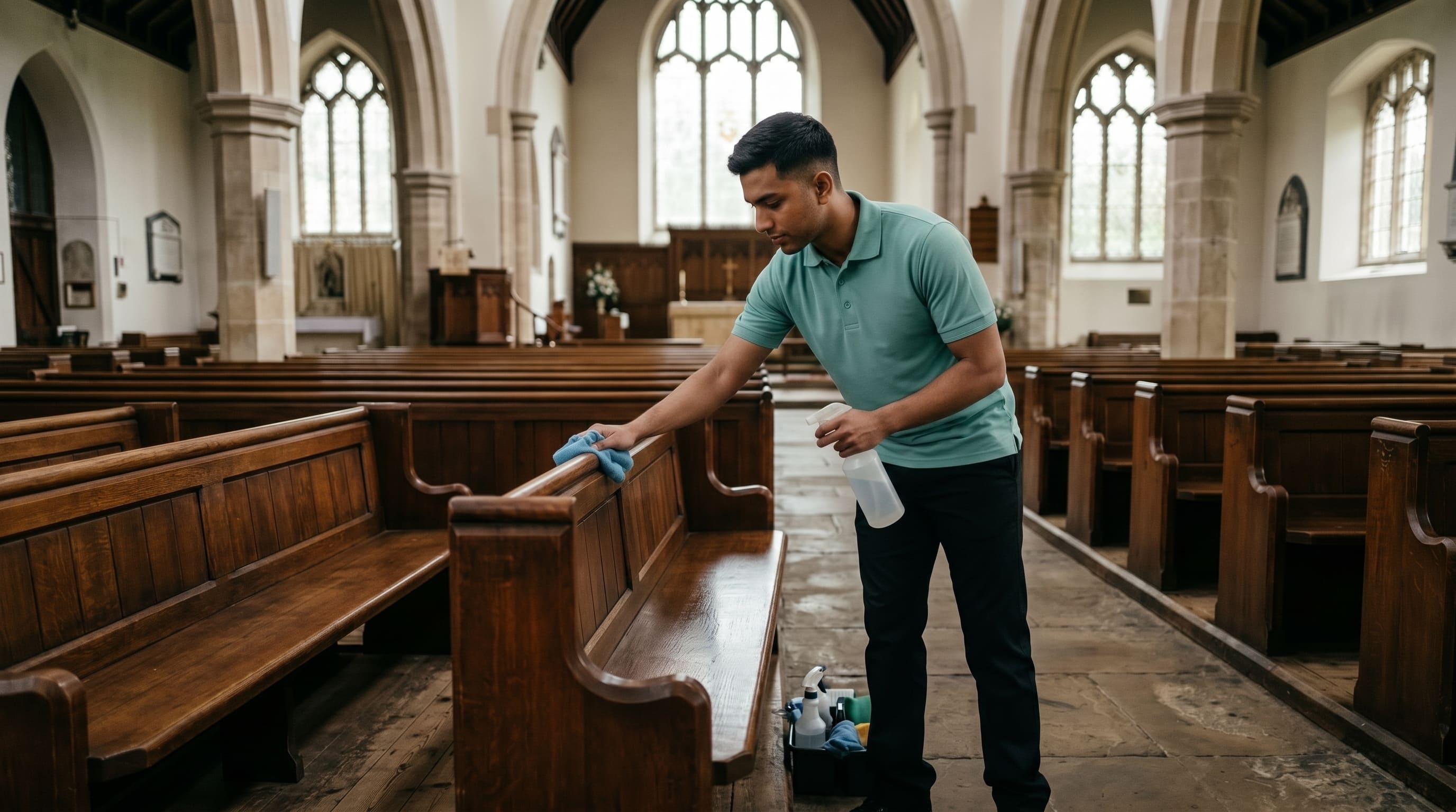 Cleaner wiping wooden pews inside a church sanctuary