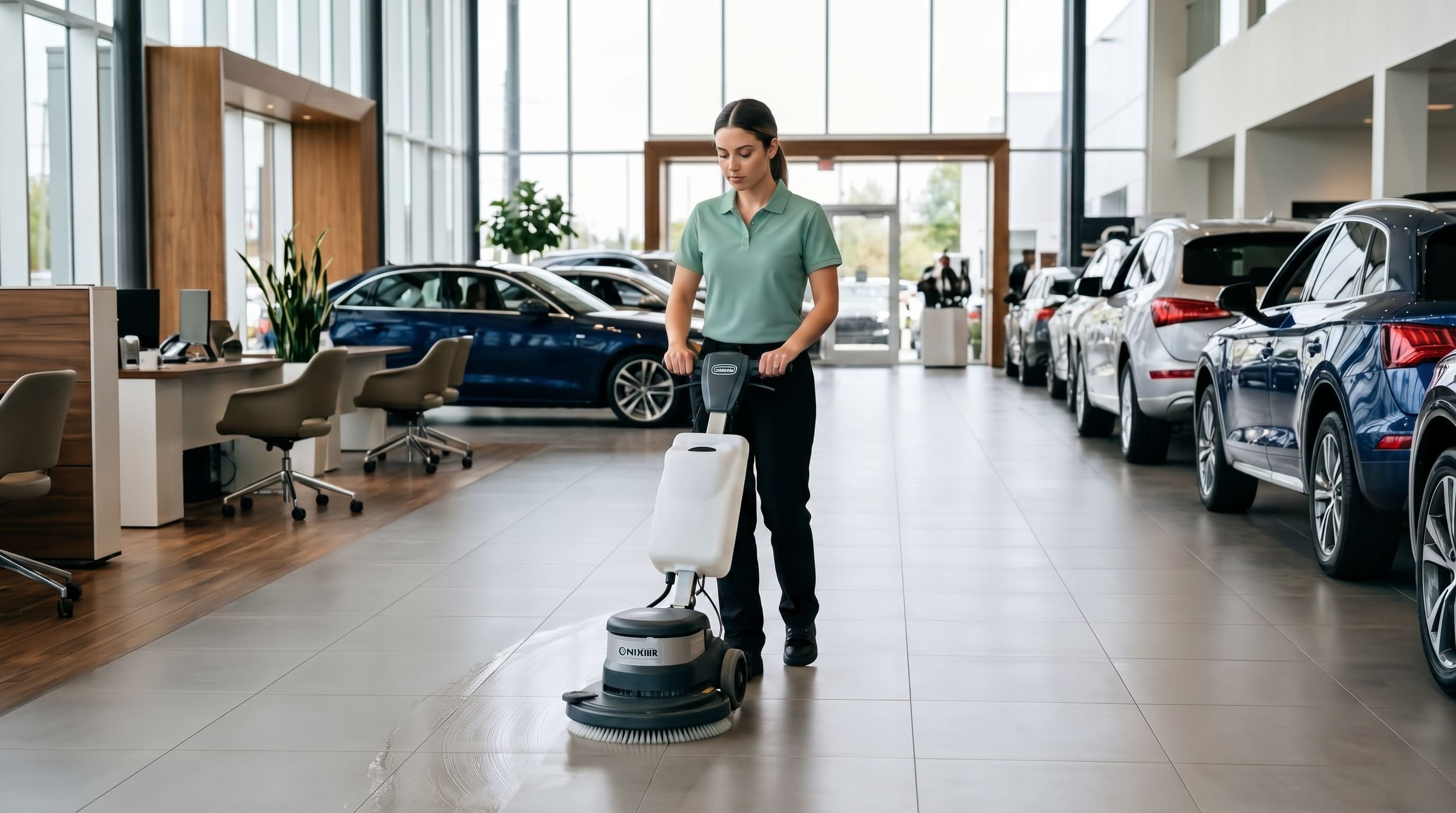 Cleaner scrubbing a dealership showroom floor with a floor machine