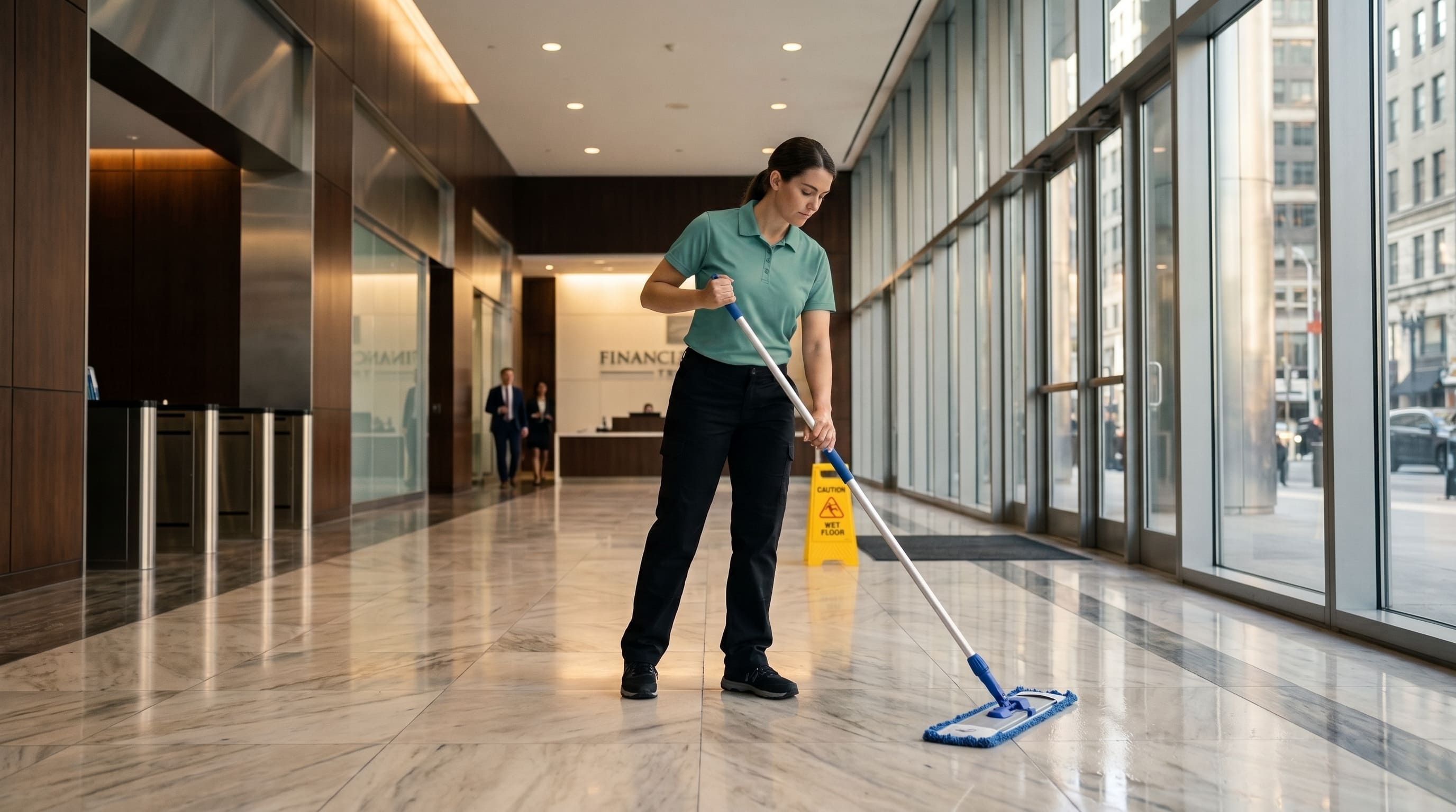 Cleaner mopping the polished lobby floor of a financial building