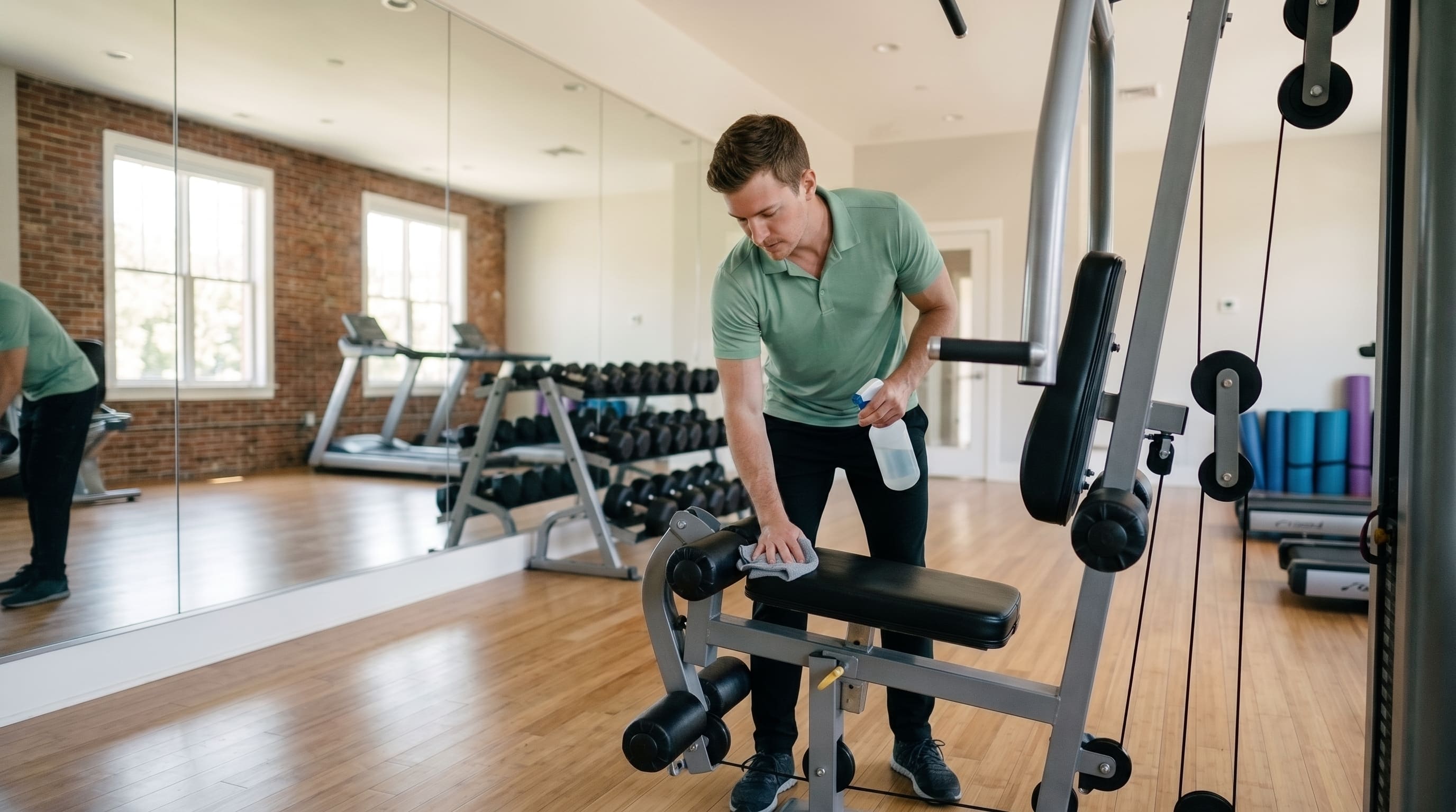 Cleaner wiping down exercise equipment in a fitness center