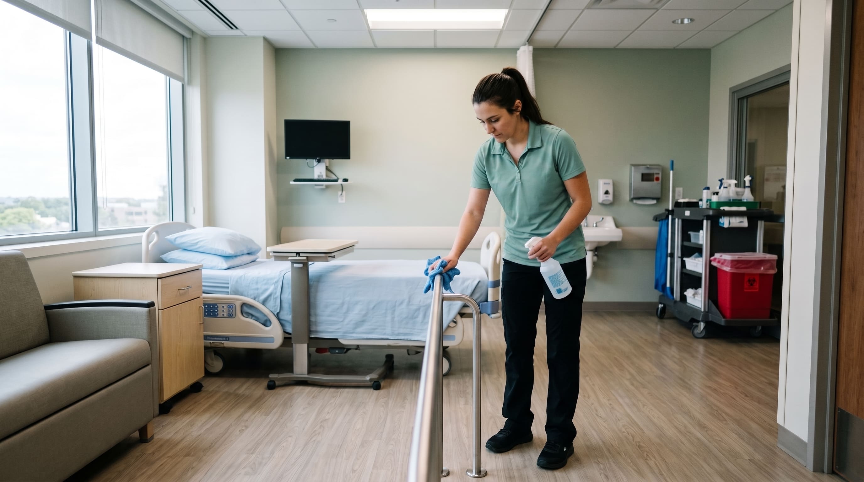 Cleaner disinfecting a handrail in a hospital patient room
