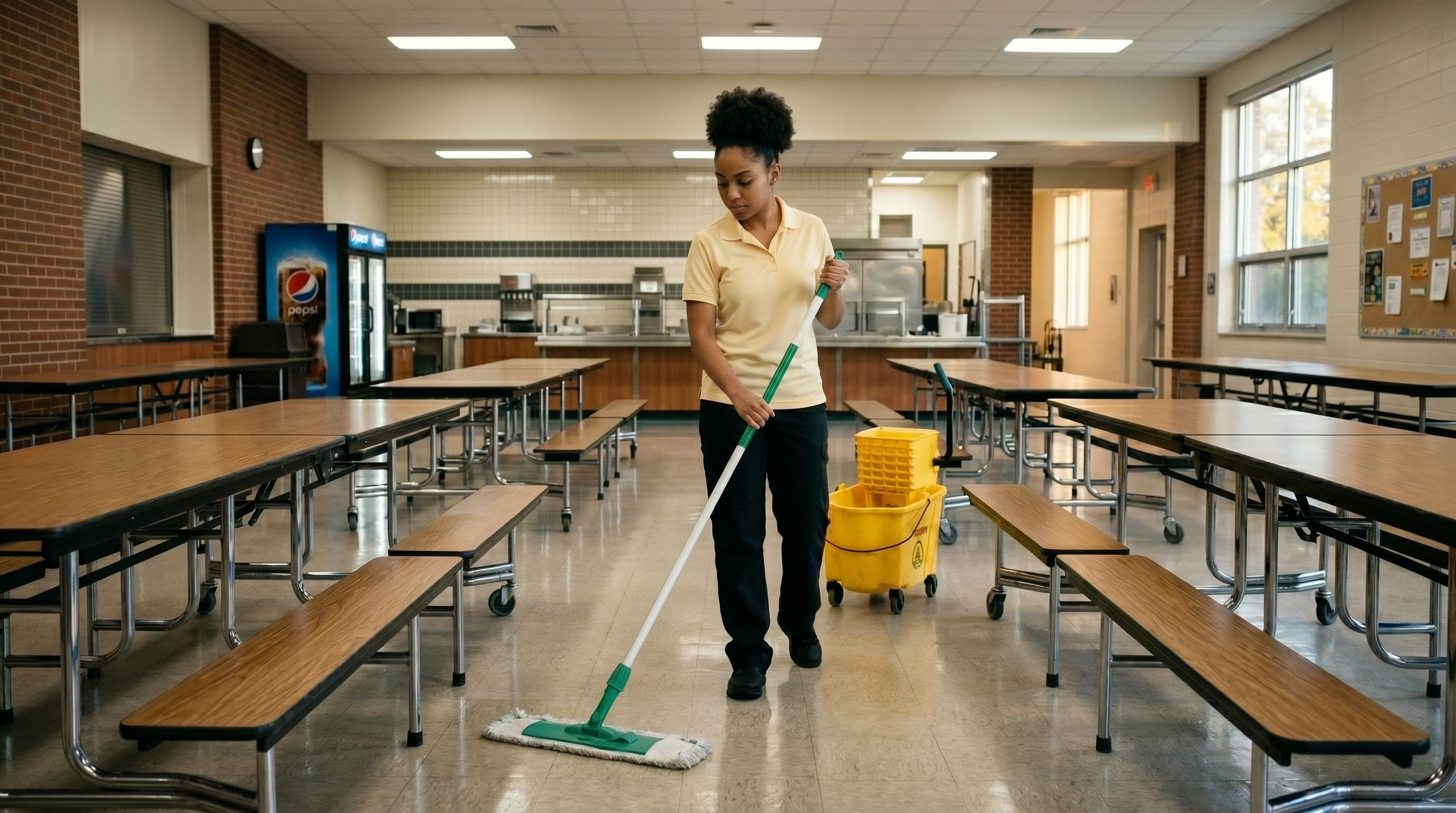 Commercial cafeteria seating area with clean tables and flooring