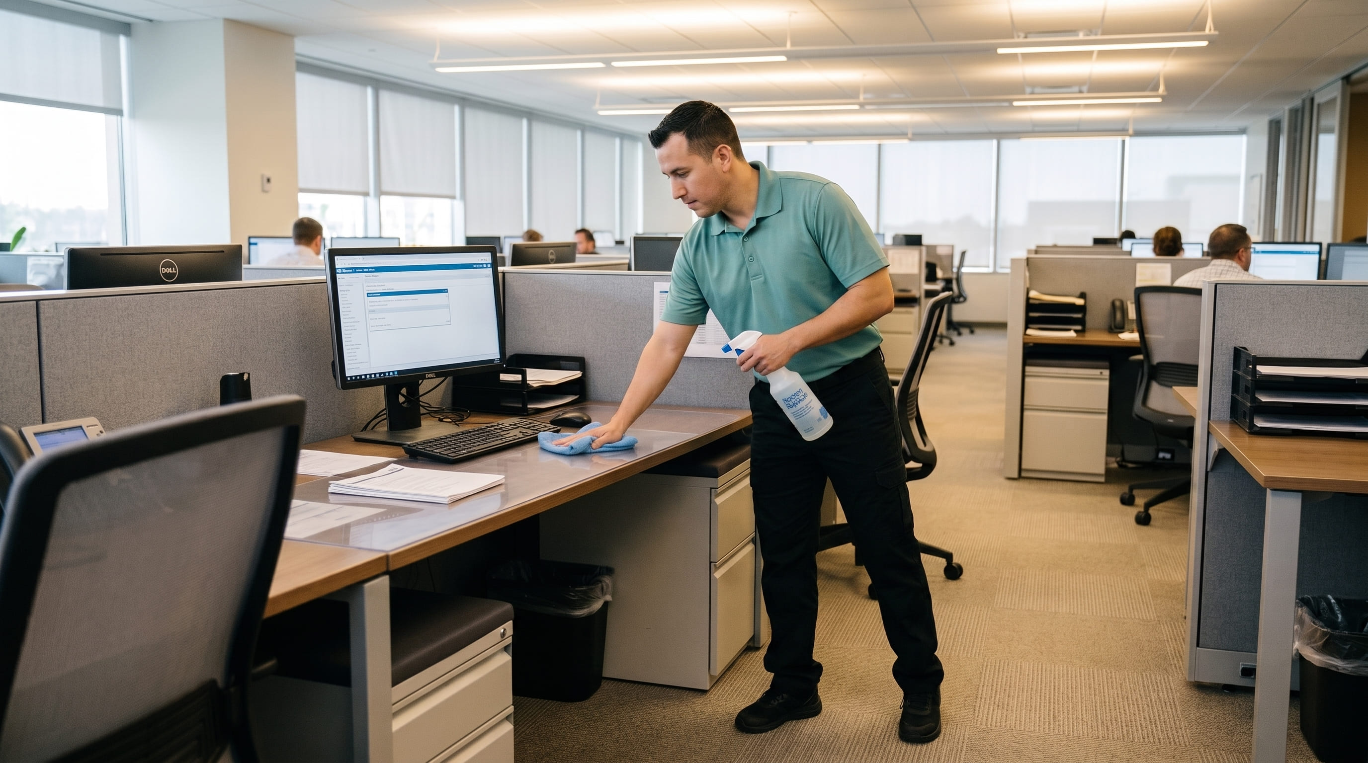 Cleaner wiping down cubicle desk surfaces in a commercial office