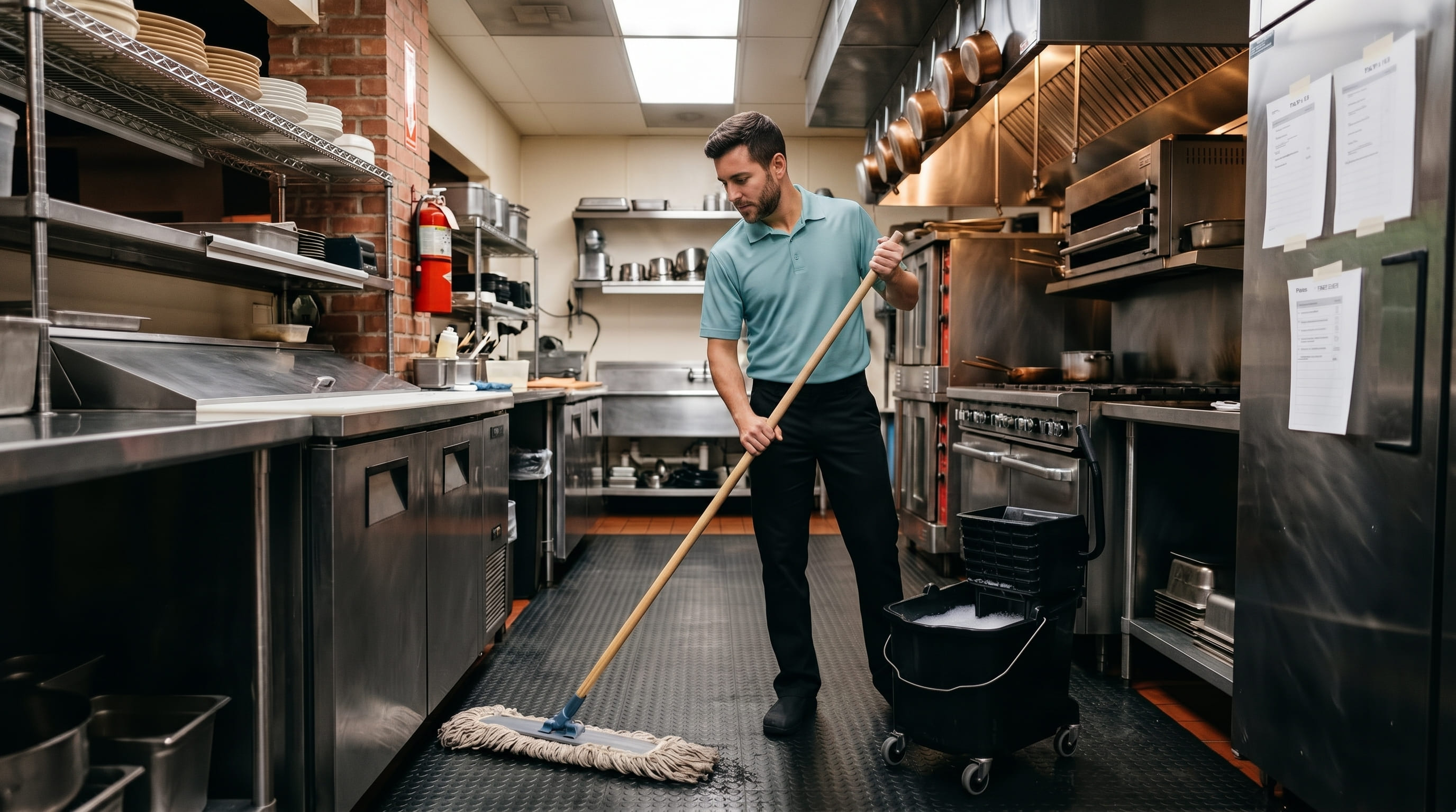 Cleaner mopping the floor of a commercial restaurant kitchen