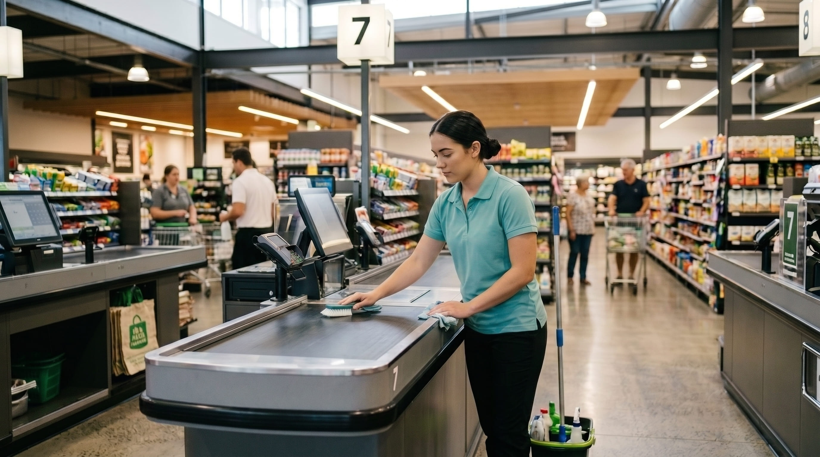 Cleaner disinfecting a grocery store checkout counter