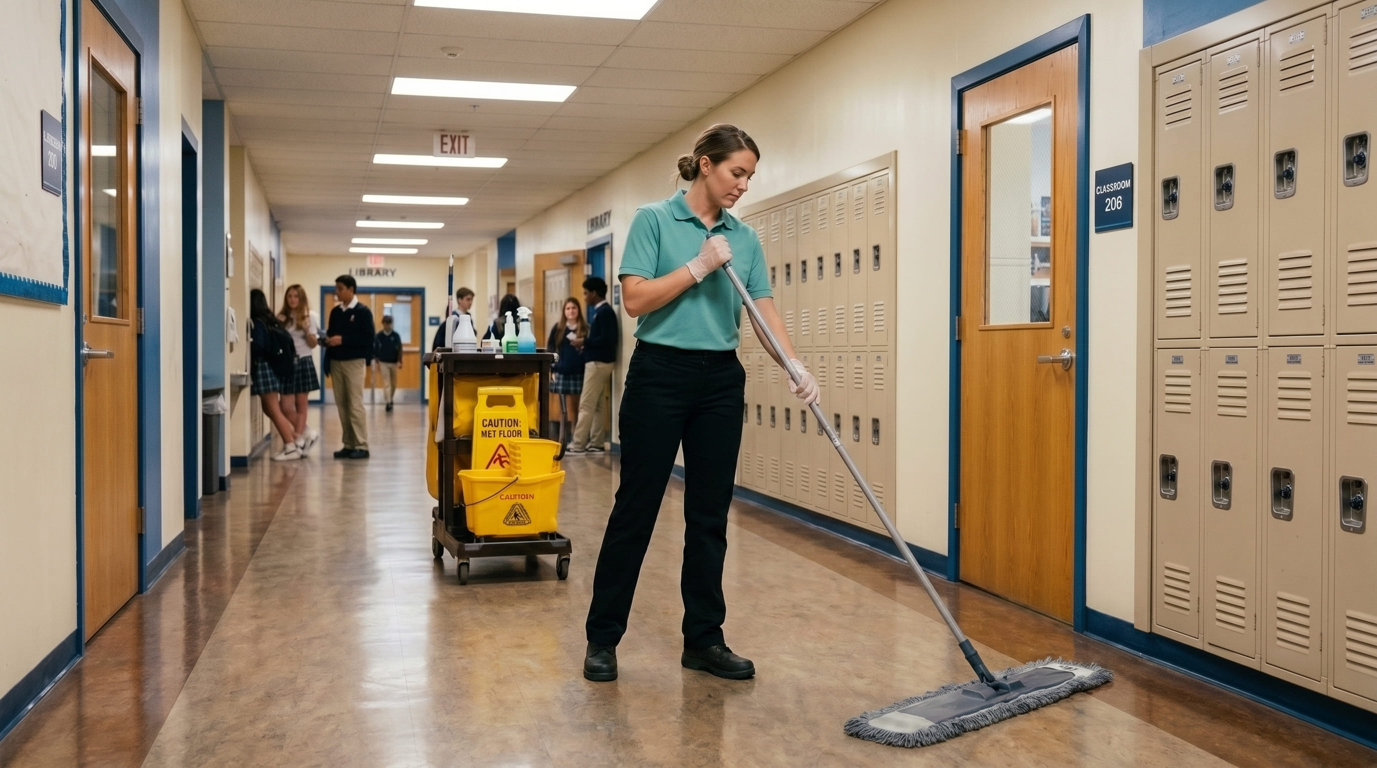 Cleaner mopping a school hallway beside lockers and classrooms