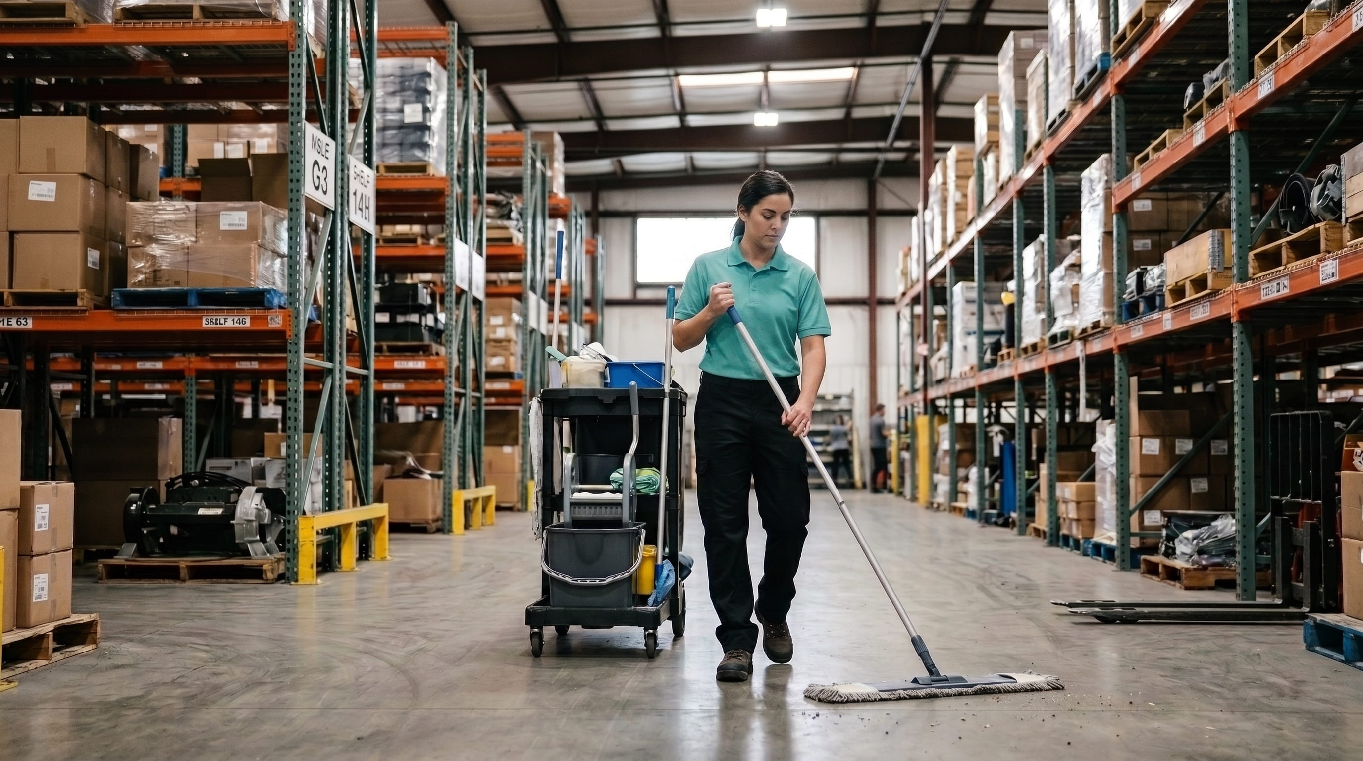 Cleaner mopping a warehouse floor between tall storage racks